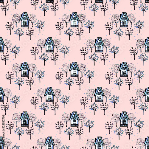 White houses and blue trees on a pink background. Watercolour. Seamless pattern