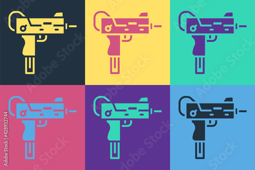 Pop art UZI submachine gun icon isolated on color background. Automatic weapon. Vector