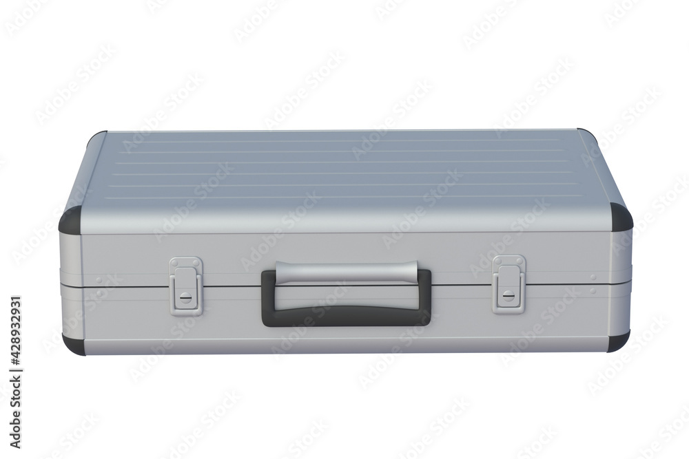 Modern metal closed suitcase isolated on white background. Safety briefcase for money or documents. 3d render