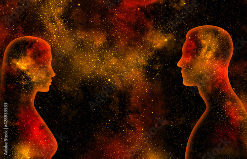 Female and male shining silhouettes on a background of yellow and red starry universe
