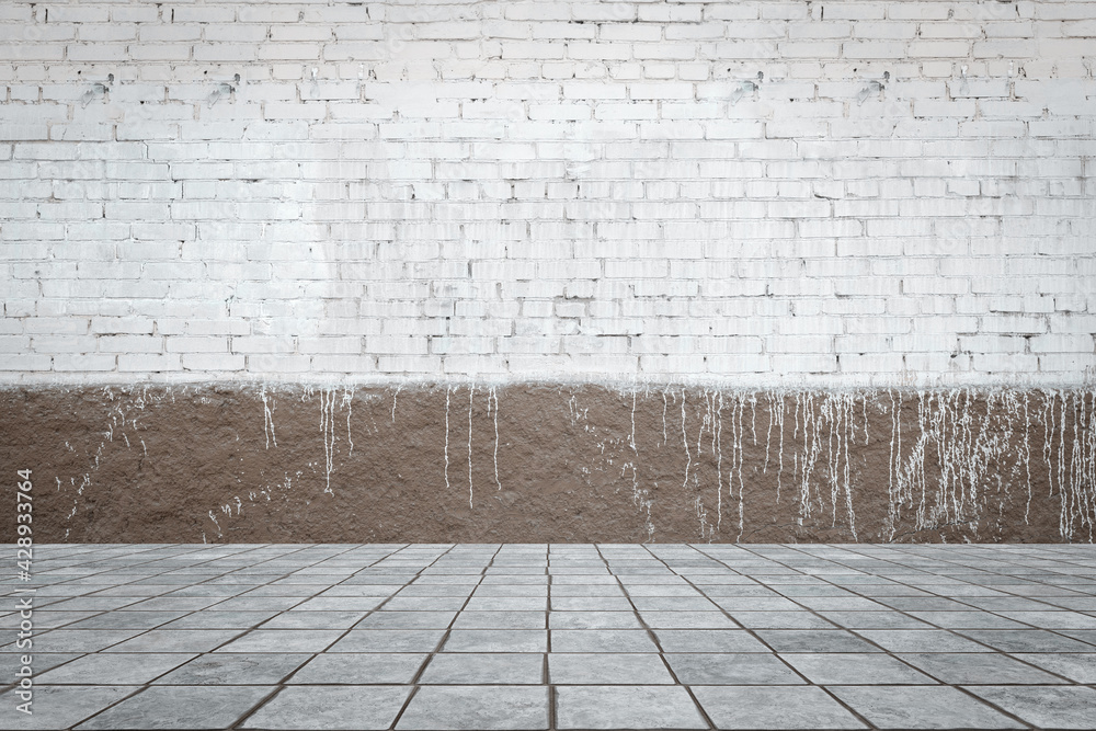 Empty room with bricks wall and tiled floor.