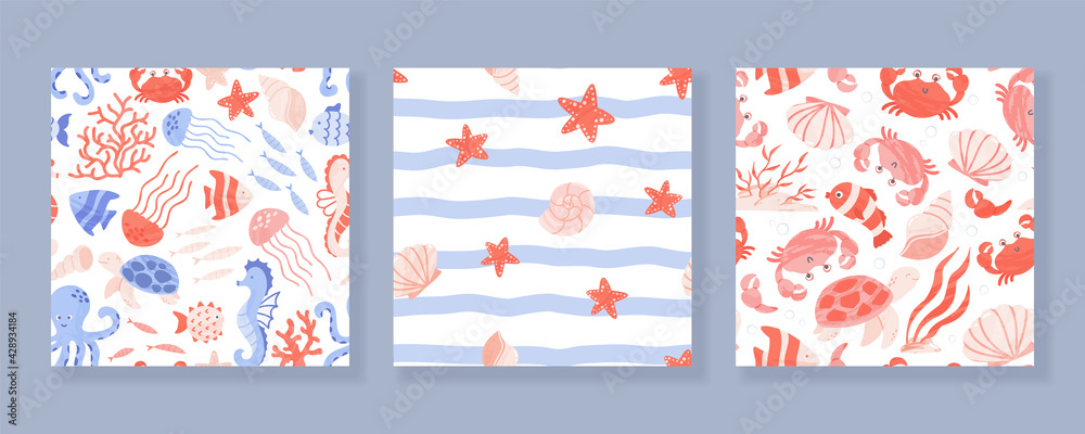 Set of seamless patterns with sea and ocean animals, corals and shells ...