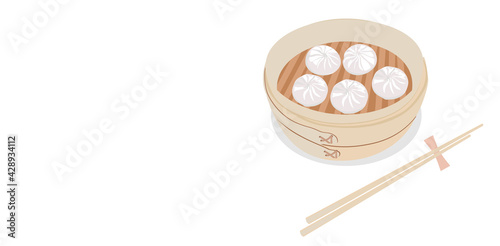 Dim sum in a steamer vector stock illustration. Chinese food in a bamboo steamer box. Banner with space for text. Steamed Bun and Shrimp Shumai. Toasted bao buns. Isolated on a white background.