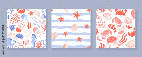 Set of seamless patterns with sea and ocean animals, corals and shells. Vector cartoon illustration
