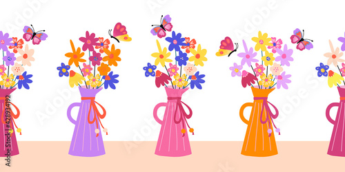 Flower vase butterflies seamless border. Repeating horizontal pattern with colorful flowers and insects. Use for Mothers day, birthday card, springs summer decor, footer, banner, header