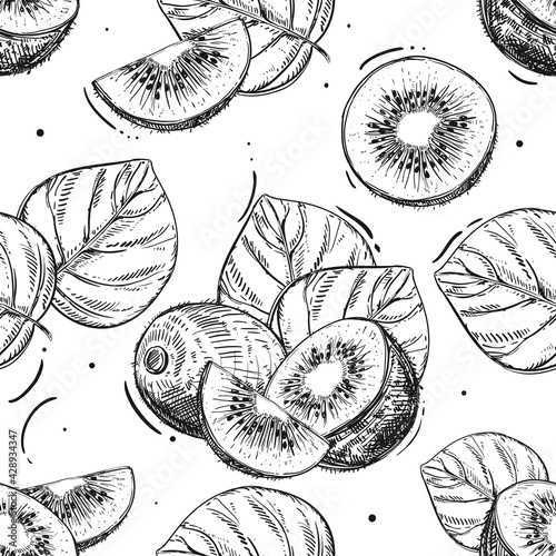 Hand drawn seamless pattern black and white of kiwi fruit, slice, leaf. Vector illustration. Elements in graphic style label, sticker, menu, package.