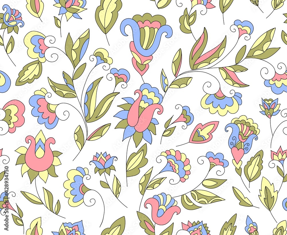Obraz premium Floral seamless background pattern. Ethnic vector illustration. fantasy flowers and leaves. Oriental style