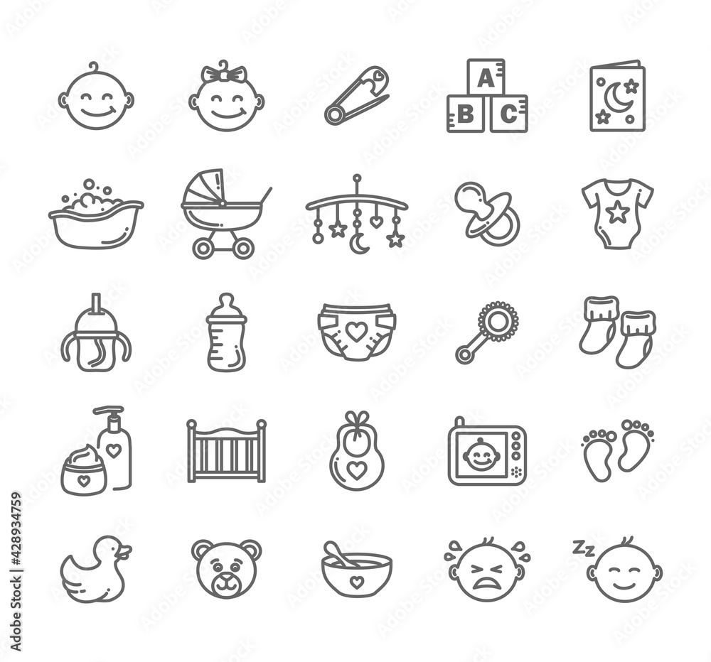 Newborn baby thin line style vector icon set, collection art