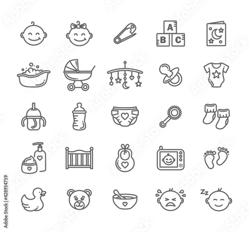 Newborn baby thin line style vector icon set, collection art