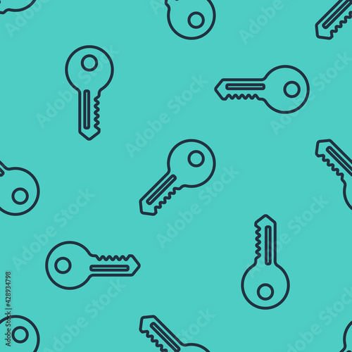 Black line Key icon isolated seamless pattern on green background. Vector Illustration