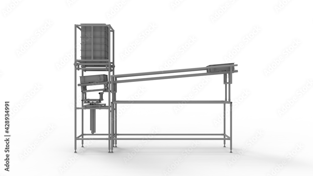 3D rendering of a stacking crate conveyor belt factory manufacturing installation machine, isolated on white background 3D rendering of a stacking crate conveyor belt factory manufacturing installation machine, isolated on white background
