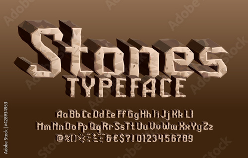 Stones alphabet font. 3D cartoon letters, numbers and symbols. Uppercase and lowercase. Stock vector typescript for your typography design.