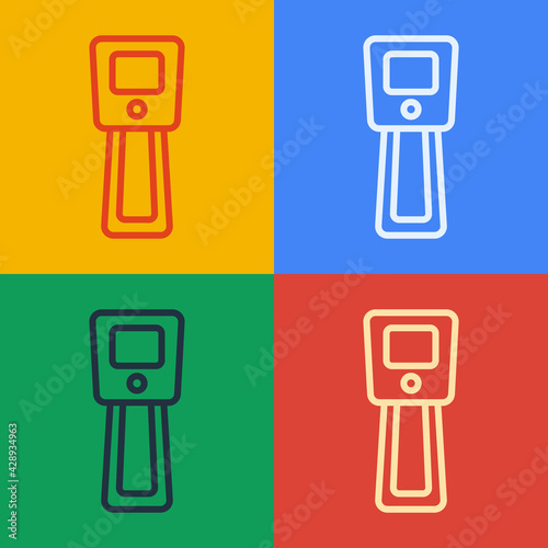 Pop art line Digital contactless thermometer with infrared light icon isolated on color background. Vector