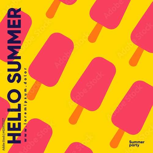 Ice cream. Summer. Flat vector illustration. Summer time, background patterns on the theme of summer, vacation, weekend, beach. Perfect background for posters, cover art, flyer, banner.