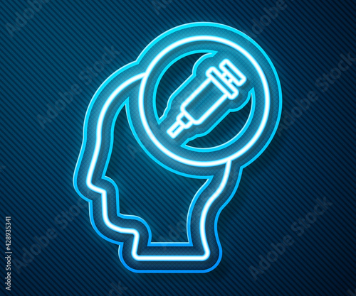 Glowing neon line Addiction to the drug icon isolated on blue background. Heroin, narcotic, addiction, illegal. Sick junkie with a syringe and medical pills. Vector