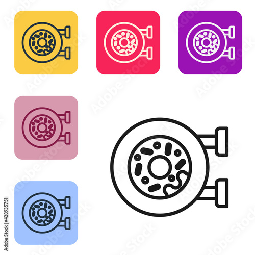 Black line Donut with sweet glaze icon isolated on white background. Set icons in color square buttons. Vector