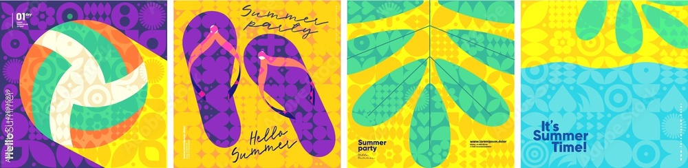 Summer. A set of flat vector illustrations. Summer time, background patterns on the theme of summer, vacation, weekend, beach. Perfect background for posters, cover art, flyer, banner.