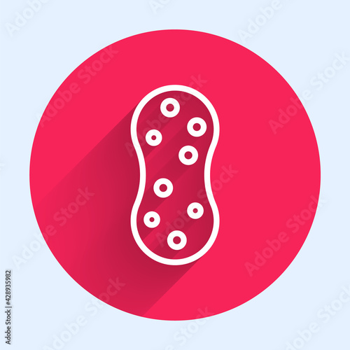 White line Sponge with bubbles icon isolated with long shadow. Wisp of bast for washing dishes. Cleaning service logo. Red circle button. Vector