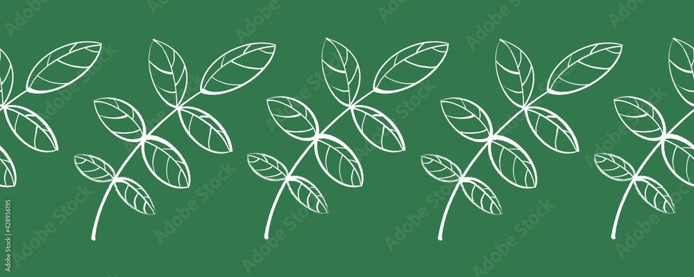 Seamless border, pattern. Decorative white twigs with leaves on a dark green background
