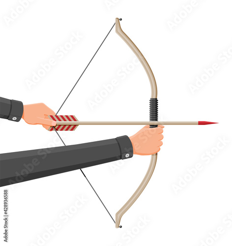 Bow with arrows for shooting. Longbow icon. Cartoon archery bow on white background. Hunters weapon or sports equipment. Flat vector illustration.