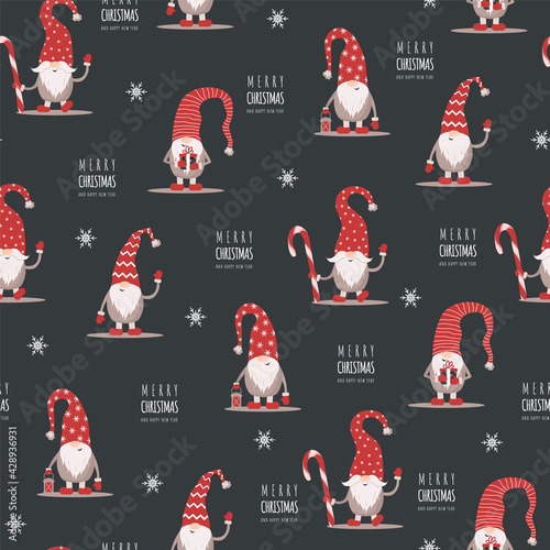 Christmas pattern with gnomes in red hats. Cute scandinavian elves. Vector illustration in cartoon style. New year design for wrapping paper, textiles, fabric.