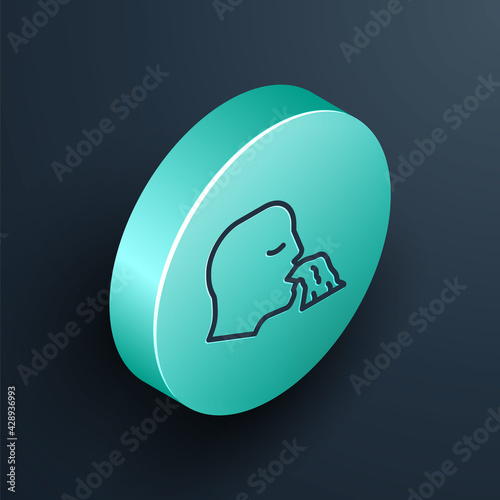 Isometric line Vomiting man icon isolated on black background. Symptom of disease, problem with health. Nausea, food poisoning, alcohol poisoning concept. Turquoise circle button. Vector