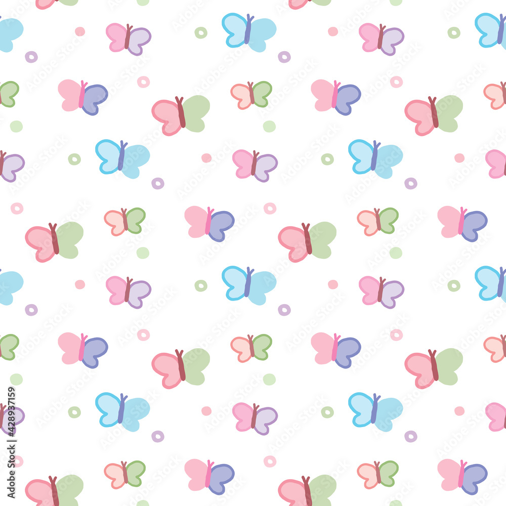 Seamless Pattern of Hand Drawn Butterfly Design on White Background