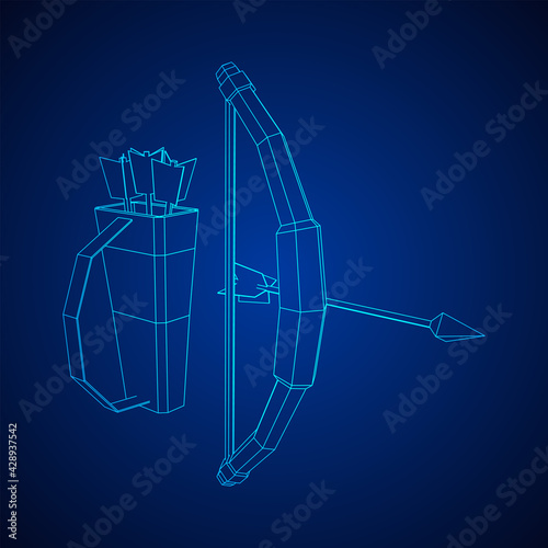 Medieval Bow and arrow archer weapon. Wireframe low poly mesh vector illustration.