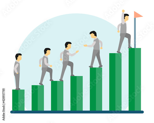 Group of Businessman helping together to get on top of bar chart. Business goal and teamwork concept