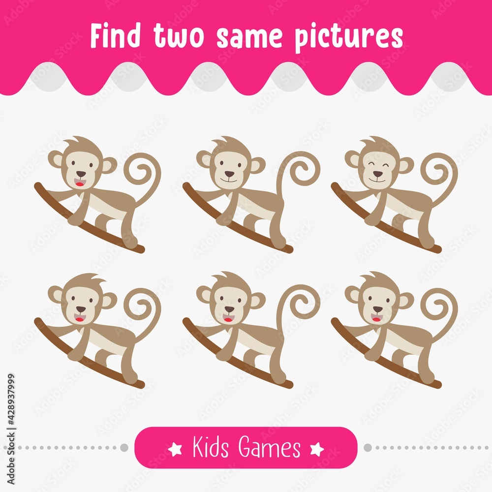 Kids game for educational activity preschool children with find two same pictures vector illustration