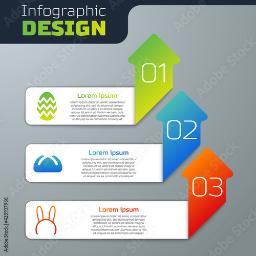 Set Easter egg, Easter cake and Mask with long bunny ears. Business infographic template. Vector