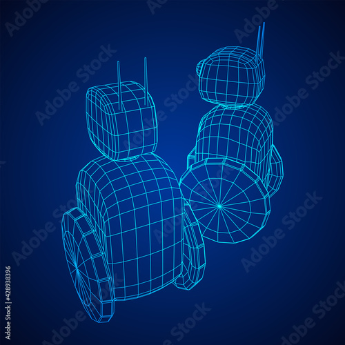 Robot Promoter LCD Screen on two wheels. Ad promo bot. Wireframe low poly mesh vector illustration