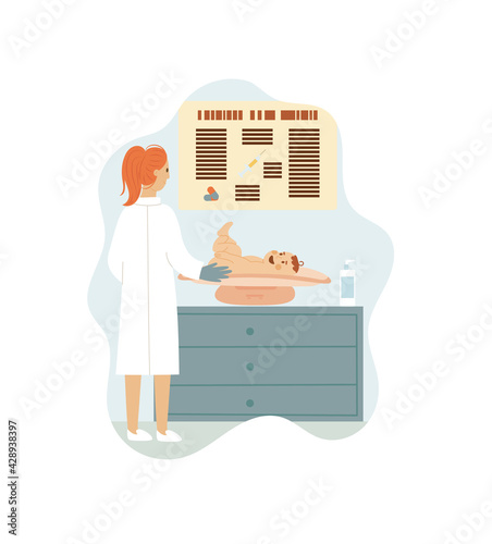 Pediatrician doctor weighing examining baby child