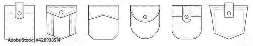 Patch pocket. Set of uniform patch pockets shapes for clothes, dress, shirt, casual denim style. Isolated icons.