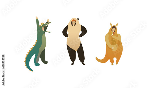 Man Character Wearing Animal Costume Participating in Masquerade and Celebrating Party Vector Set