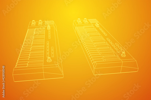Piano roll analog synthesizer faders buttons knobs. Wireframe low poly mesh vector illustration.