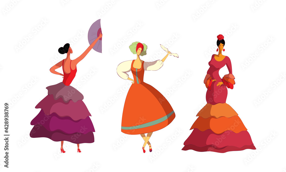 Young Woman Performing Different Folk Dances Moving Gracefully Vector Set