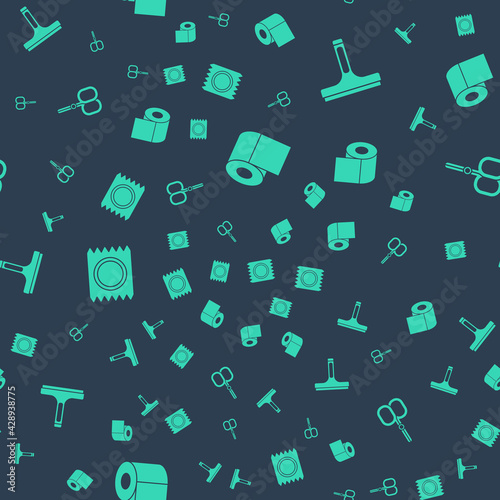 Set Toilet paper roll, Rubber cleaner, Condom in package safe sex and Nail scissors on seamless pattern. Vector