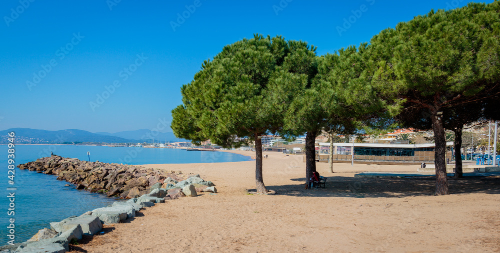  beach and blue sea in Saint-Raphaël, on the French Riviera.