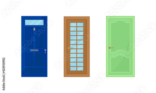 Door as Hinged Movable Barrier Used as Entrance in the Building Vector Set