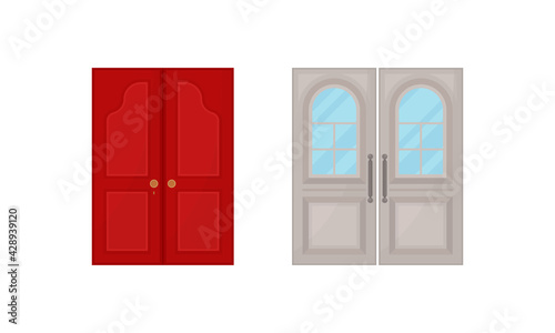 Double Door as Hinged Movable Barrier Used as Entrance in the Building Vector Set