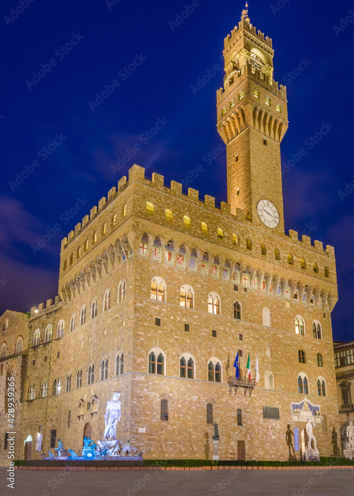 The Old Palace at night (Palazzo Vecchio or Palazzo della Signoria), in Florence (Italy).