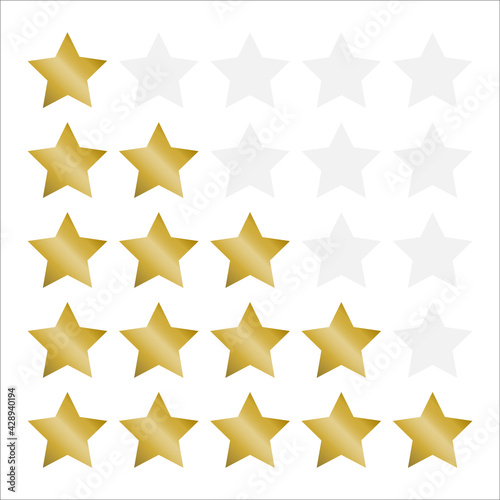 Isolated five Stars rating tag. Customer feedback 1, 2, 3, 4, 5 template. Gold color vector illustrator.