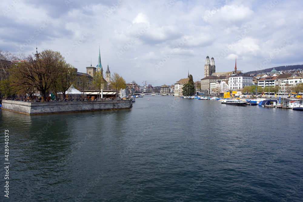 Medieval old town of Zurich with river Limmat at springtime. Photo taken April 19th, 2021, Zurich, Switzerland.