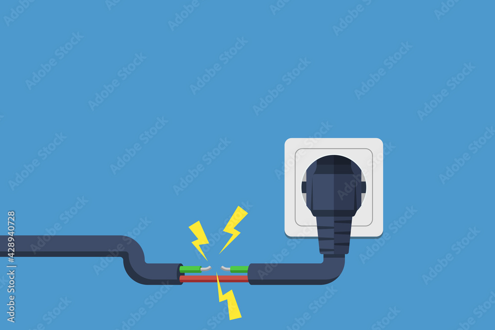 electric short circuit. Faulty damaged cable. Fire from overload ...