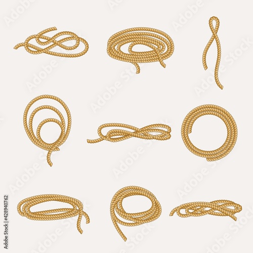 Skeins and rope trimming set. Twisted strong cord for secure tie down and fall arrest nautical rope knotted sails lasso for lassoing wild horses catching cattle. Vector reliability. photo