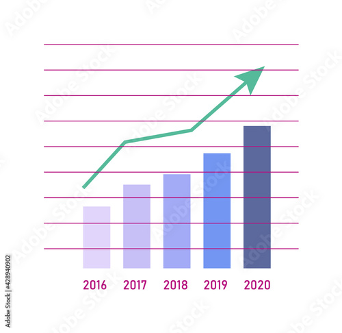 Statistic bar chart growth with arrow on white