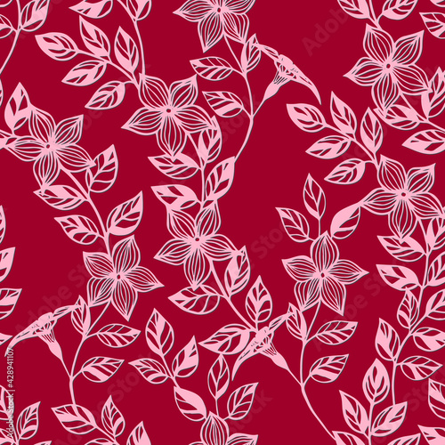 Square seamless pattern with contours of pink flowers on a red background. Vector pattern with a graphic image of a periwinkle for decorating fabrics, napkins, covers, curtains, bedding, dresses, wall