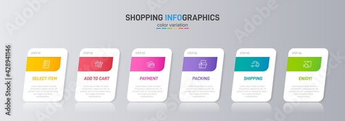 Concept of shopping process with 6 successive steps. Six colorful graphic elements. Timeline design for brochure, presentation, web site. Infographic design layout.