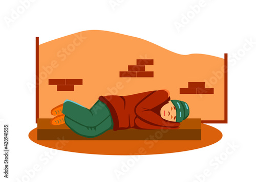 Poor homeless man sleeping on street pavement